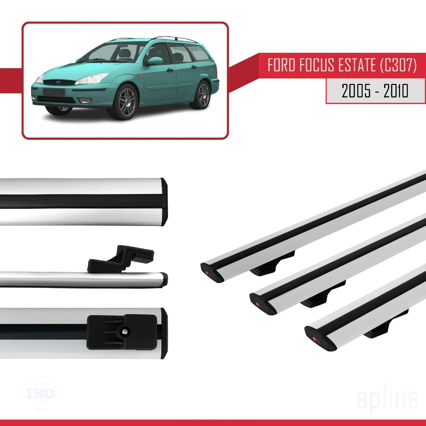 Compatible avec Ford Focus 2 (C307) Break 2005-2010 BASIC Model Barres de Toit Railing Porte-Bagages de Voiture Gris Aluminium 3 Barres