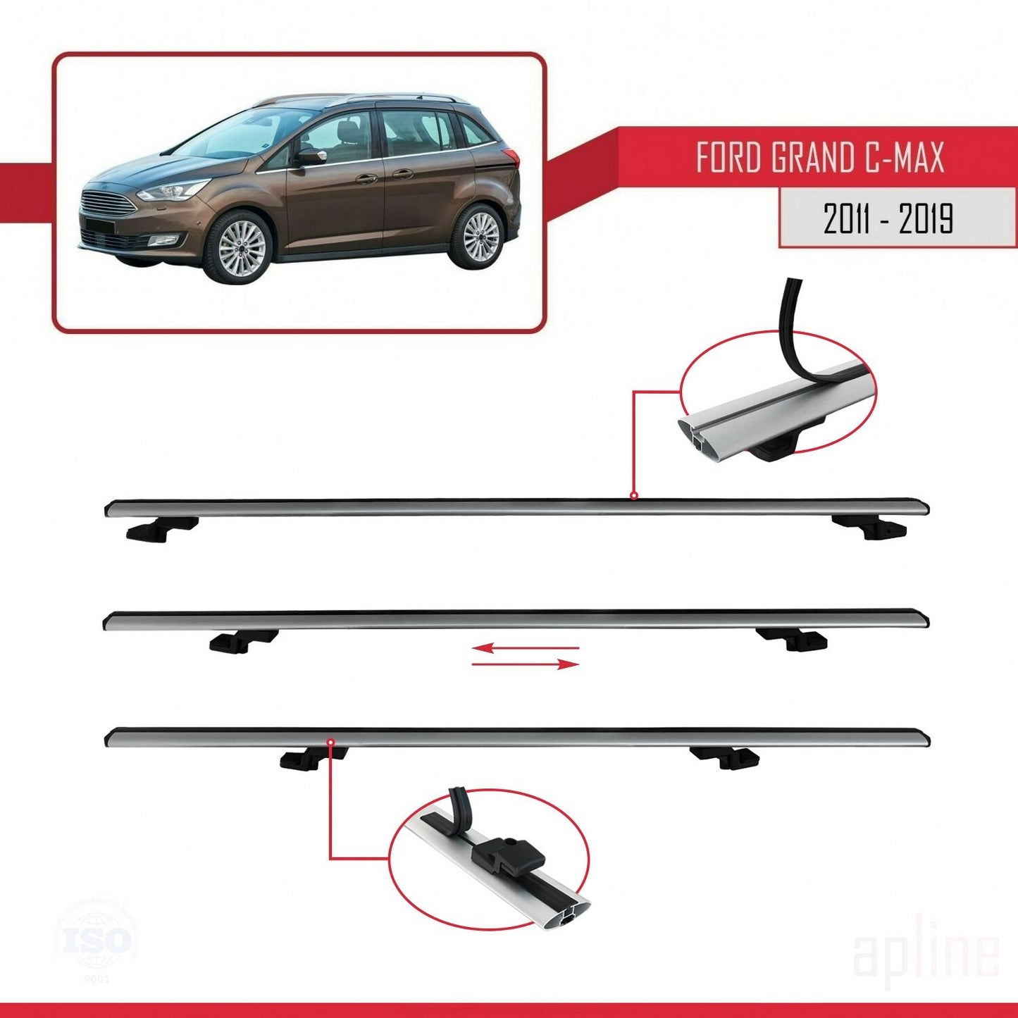 Compatible avec Ford Grand C-Max (C344) 2011-2019 BASIC Model Barres de Toit Railing Porte-Bagages de Voiture Gris Aluminium 3 Barres