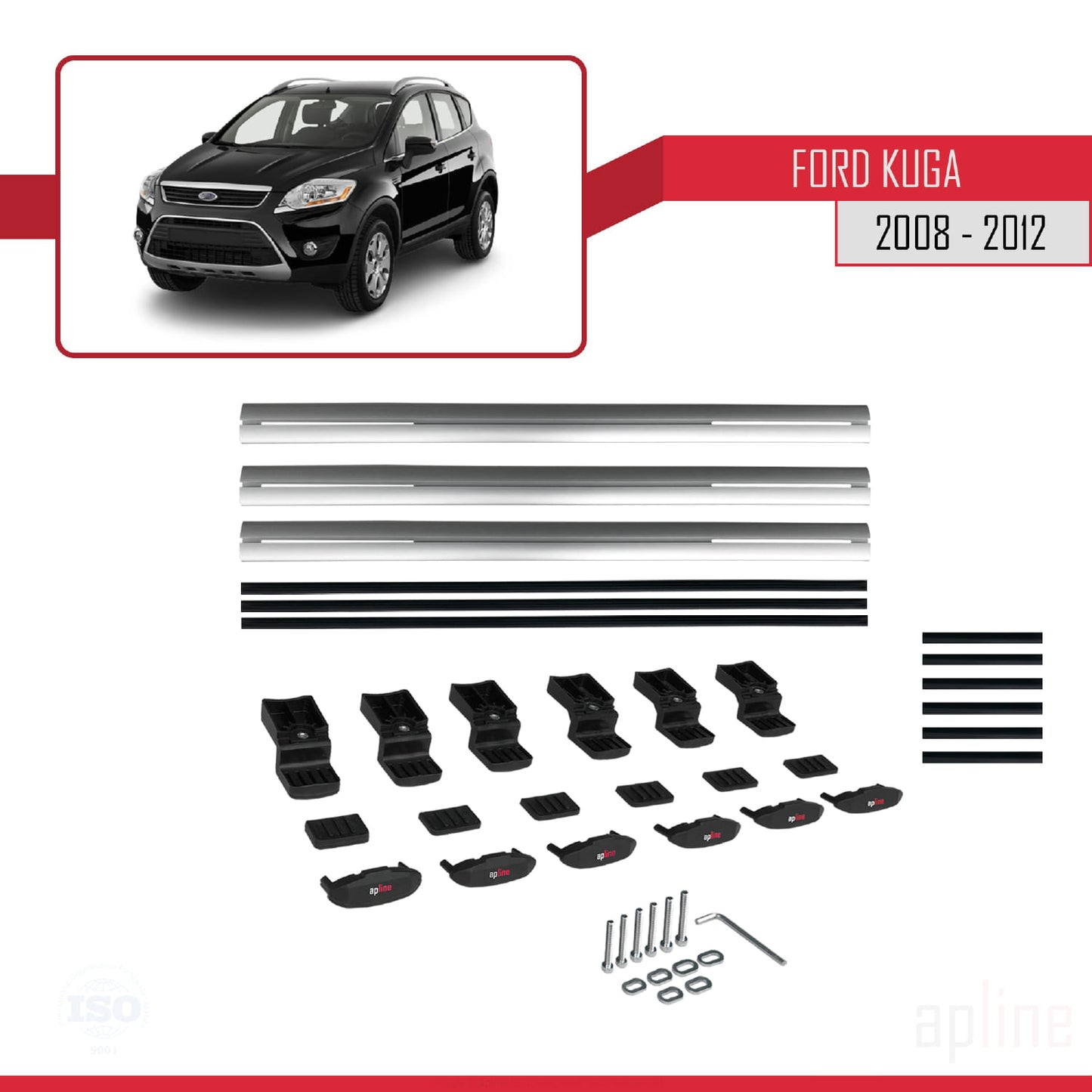 Compatible avec Ford Kuga (C394) 2008-2012 BASIC Model Barres de Toit Railing Porte-Bagages de Voiture Gris Aluminium 3 Barres