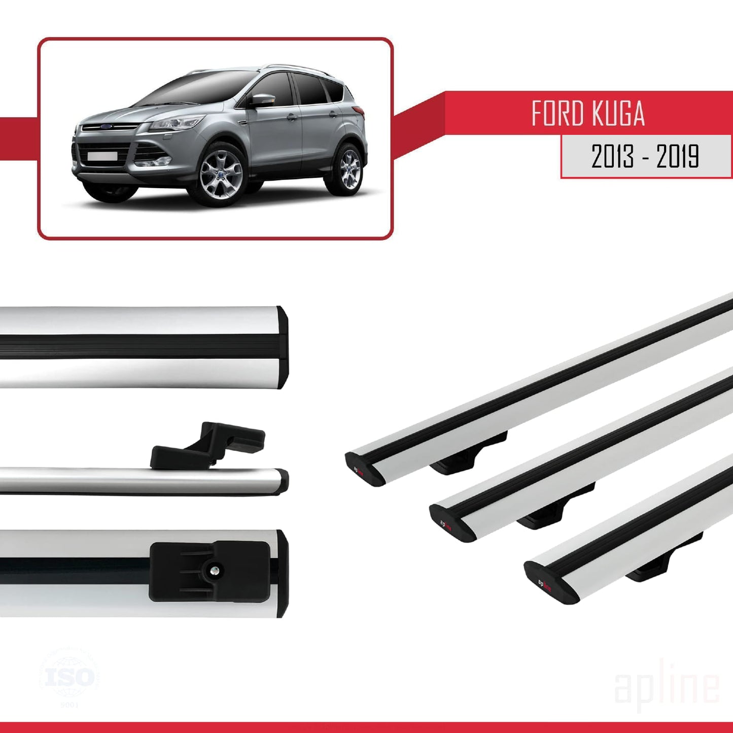 Compatible avec Ford Kuga 2 (C520) 2013-2019 BASIC Model Barres de Toit Railing Porte-Bagages de Voiture Gris Aluminium 3 Barres