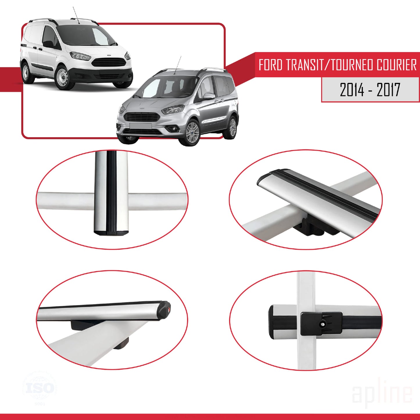 Compatible avec Ford Transit/Tourneo Courier Pre-Facelift 2014-2017 BASIC Model Barres de Toit Railing Porte-Bagages de Voiture Gris Aluminium 4 Barres