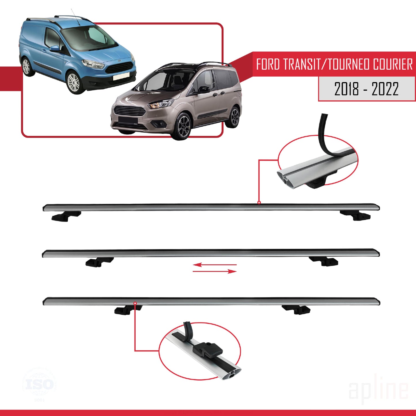 Compatible avec Ford Transit/Tourneo Courier Post-Facelift 2018-2022 BASIC Model Barres de Toit Railing Porte-Bagages de Voiture Gris Aluminium 3 Barres