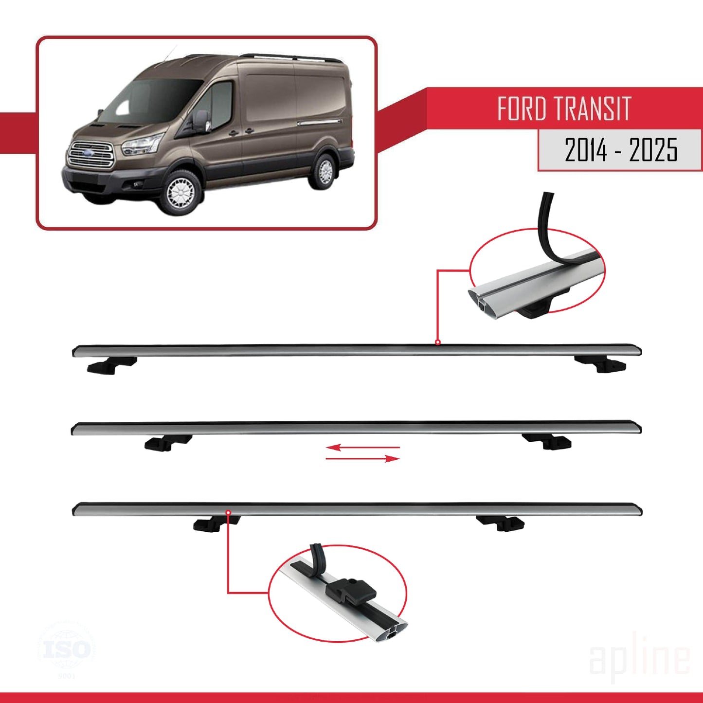 Compatible avec Ford Transit 2014-2025 BASIC Model Barres de Toit Railing Porte-Bagages de Voiture Gris Aluminium 2 Barres