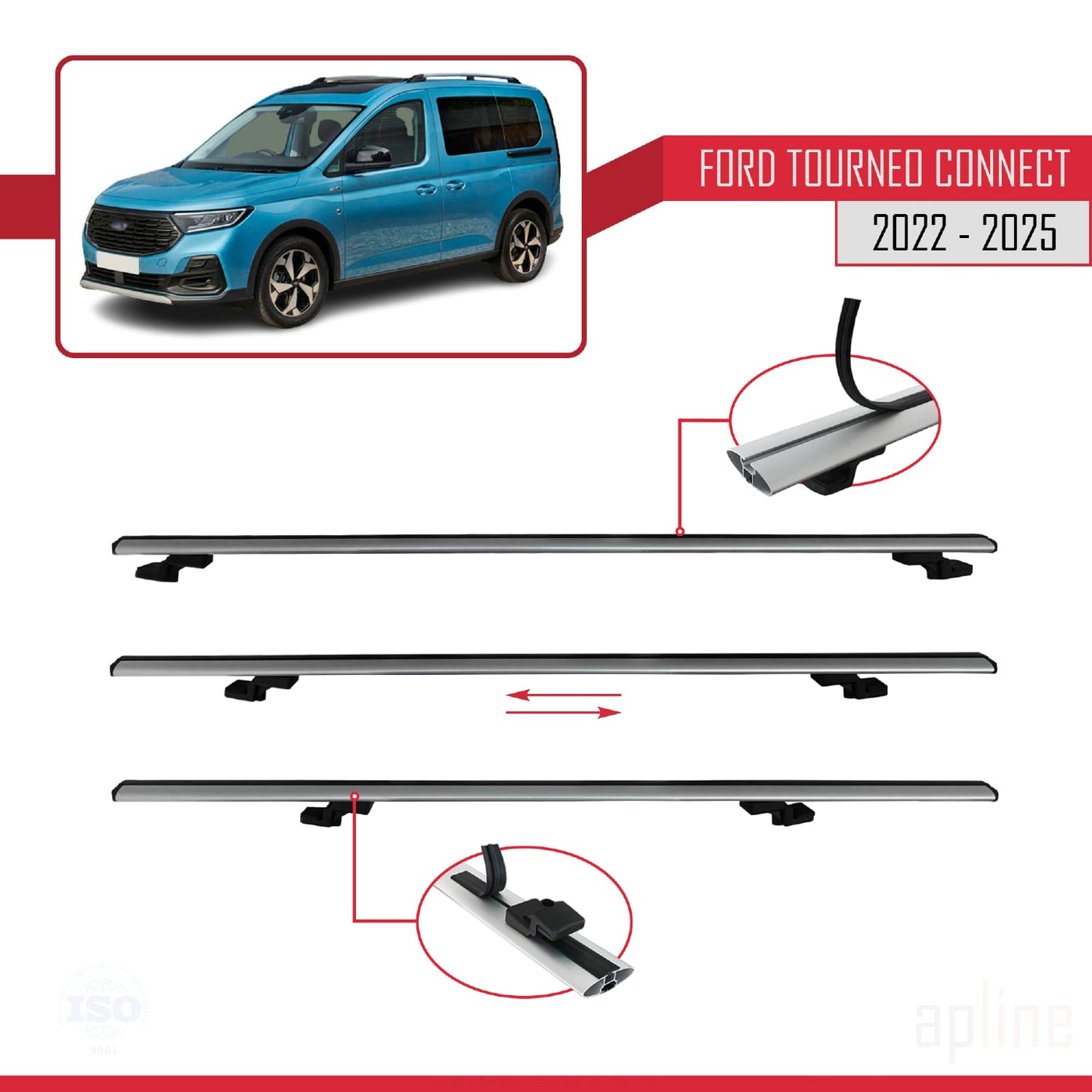 Compatible avec Ford Transit/Tourneo Connect 3 2022-2025 BASIC Model Barres de Toit Railing Porte-Bagages de Voiture Gris Aluminium 2 Barres
