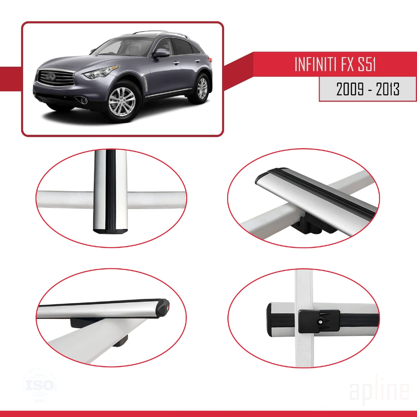 Compatible avec Infiniti FX 2 (S51) 2009-2013 BASIC Model Barres de Toit Railing Porte-Bagages de Voiture Gris Aluminium 3 Barres