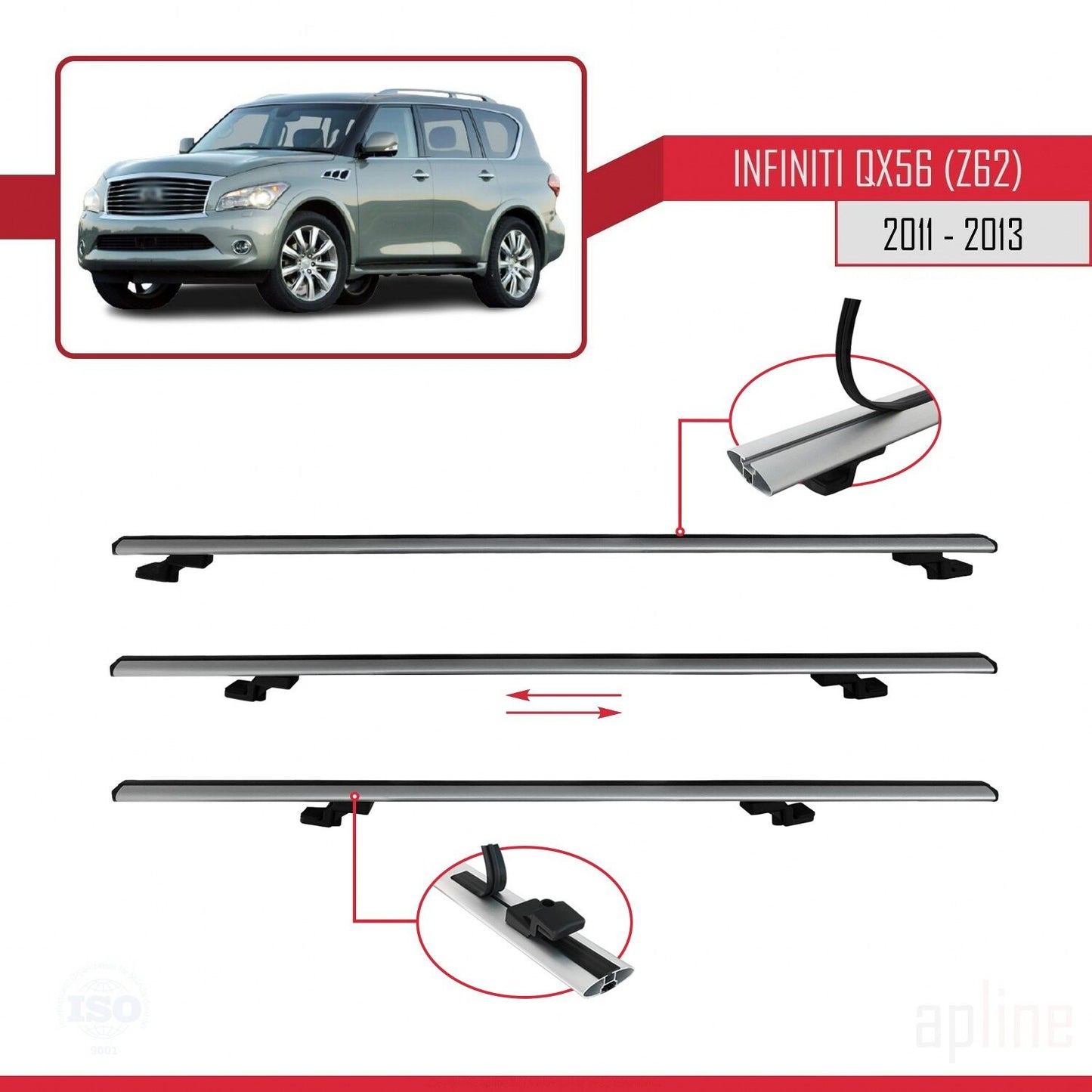 Compatible avec IInfiniti QX56 (Z62) 2011-2013 BASIC Model Barres de Toit Railing Porte-Bagages de Voiture Gris Aluminium 2 Barres