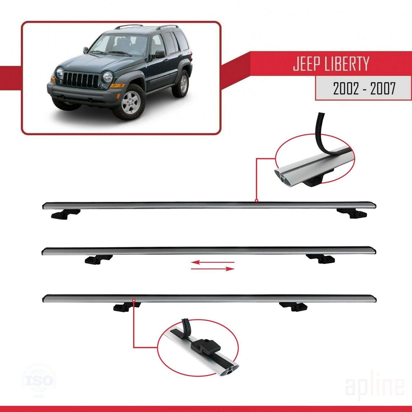 Compatible avec Jeep Liberty 2002-2007 BASIC Model Barres de Toit Railing Porte-Bagages de Voiture Gris Aluminium 3 Barres