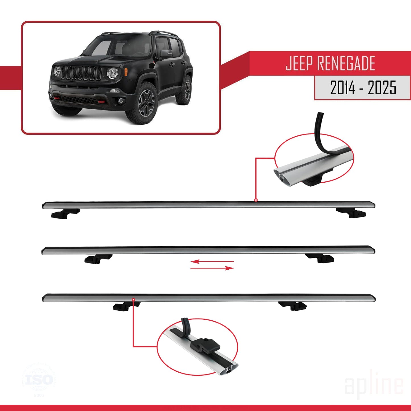 Compatible avec Jeep Renegade (BU) 2014-2025 BASIC Model Barres de Toit Railing Porte-Bagages de Voiture Gris Aluminium 3 Barres