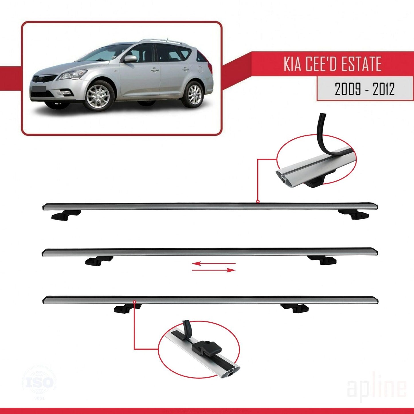 Compatible avec Kia Ceed (ED) Break Post-Facelift 2009-2012 BASIC Model Barres de Toit Railing Porte-Bagages de Voiture Gris Aluminium 3 Barres