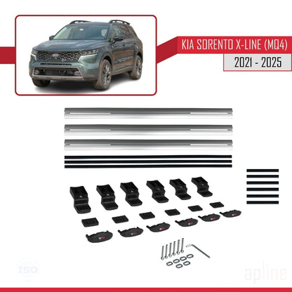 Compatible avec Kia Sorento 4 (MQ4) X-Line 2021-2025 BASIC Model Barres de Toit Railing Porte-Bagages de Voiture Gris Aluminium 3 Barres
