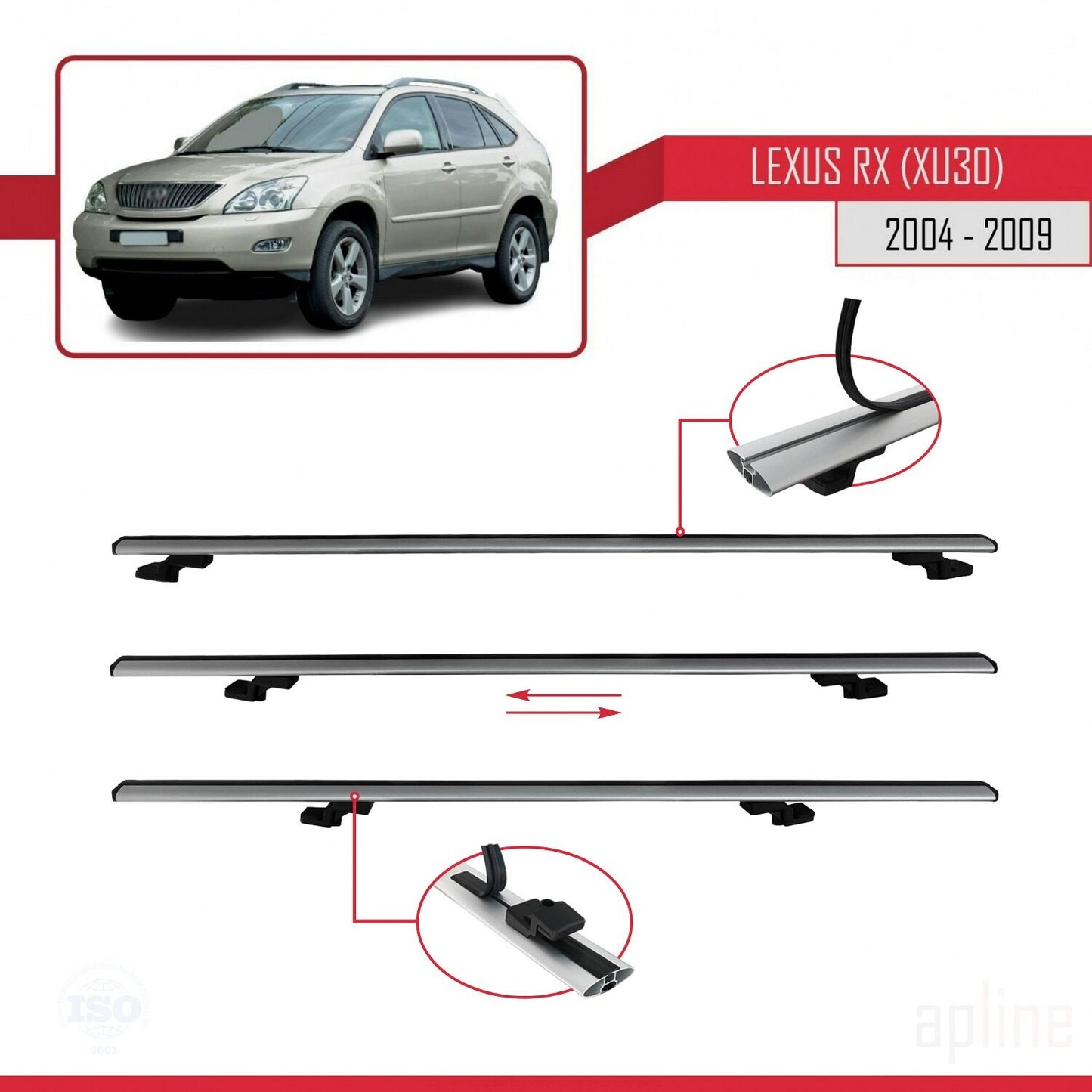 Compatible avec Lexus RX 2 (XU30) 2004-2009 BASIC Model Barres de Toit Railing Porte-Bagages de Voiture Gris Aluminium 3 Barres