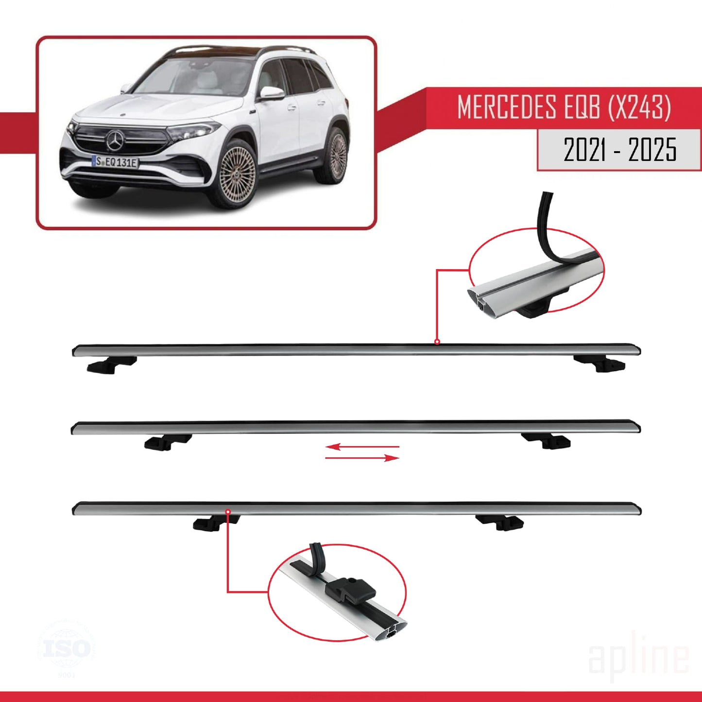 Compatible avec Mercedes EQB (X243) 2021-2025 BASIC Model Barres de Toit Railing Porte-Bagages de Voiture Gris Aluminium 3 Barres