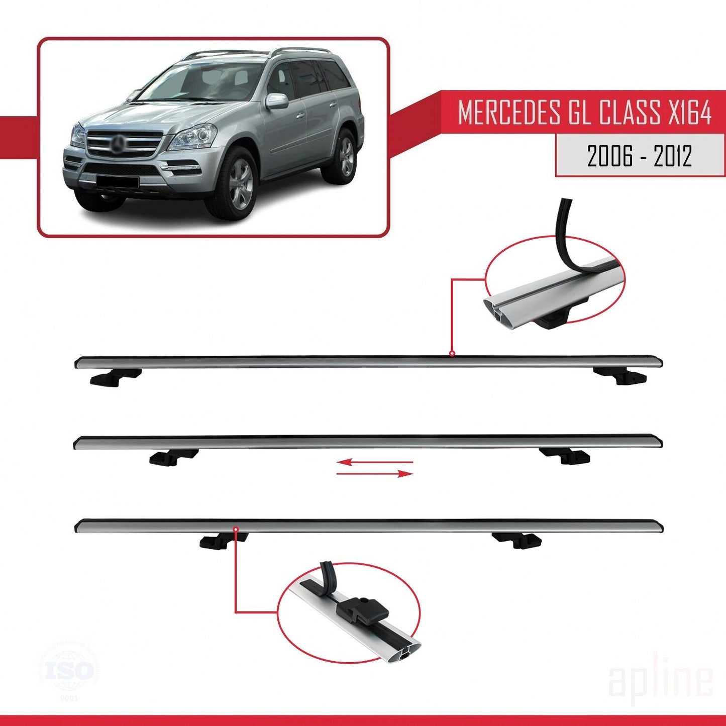 Compatible avec Mercedes Classe GL (X164) 2006-2012 BASIC Model Barres de Toit Railing Porte-Bagages de Voiture Gris Aluminium 3 Barres