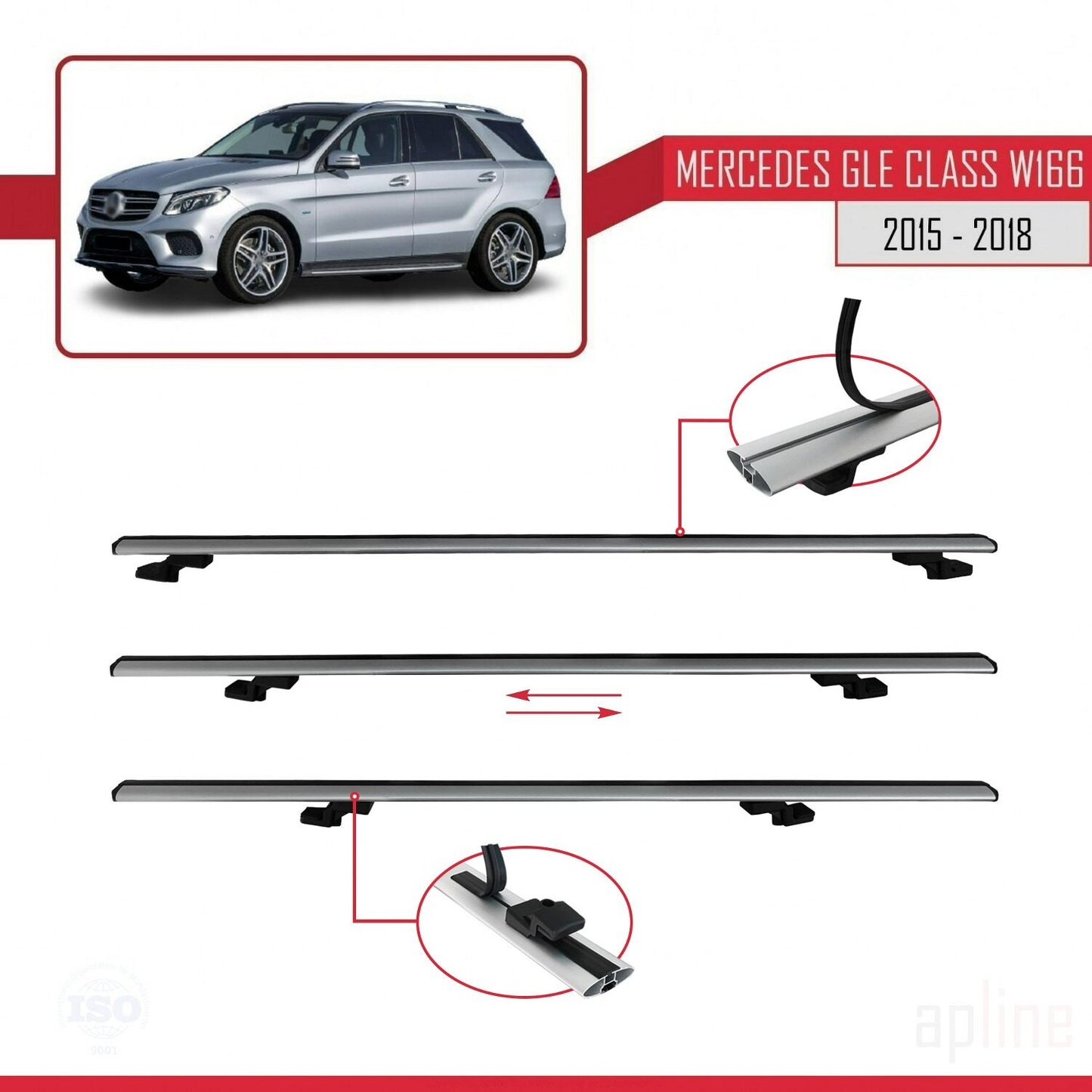 Compatible avec Mercedes Classe GLE 3 (W166) 2015-2018 BASIC Model Barres de Toit Railing Porte-Bagages de Voiture Gris Aluminium 2 Barres