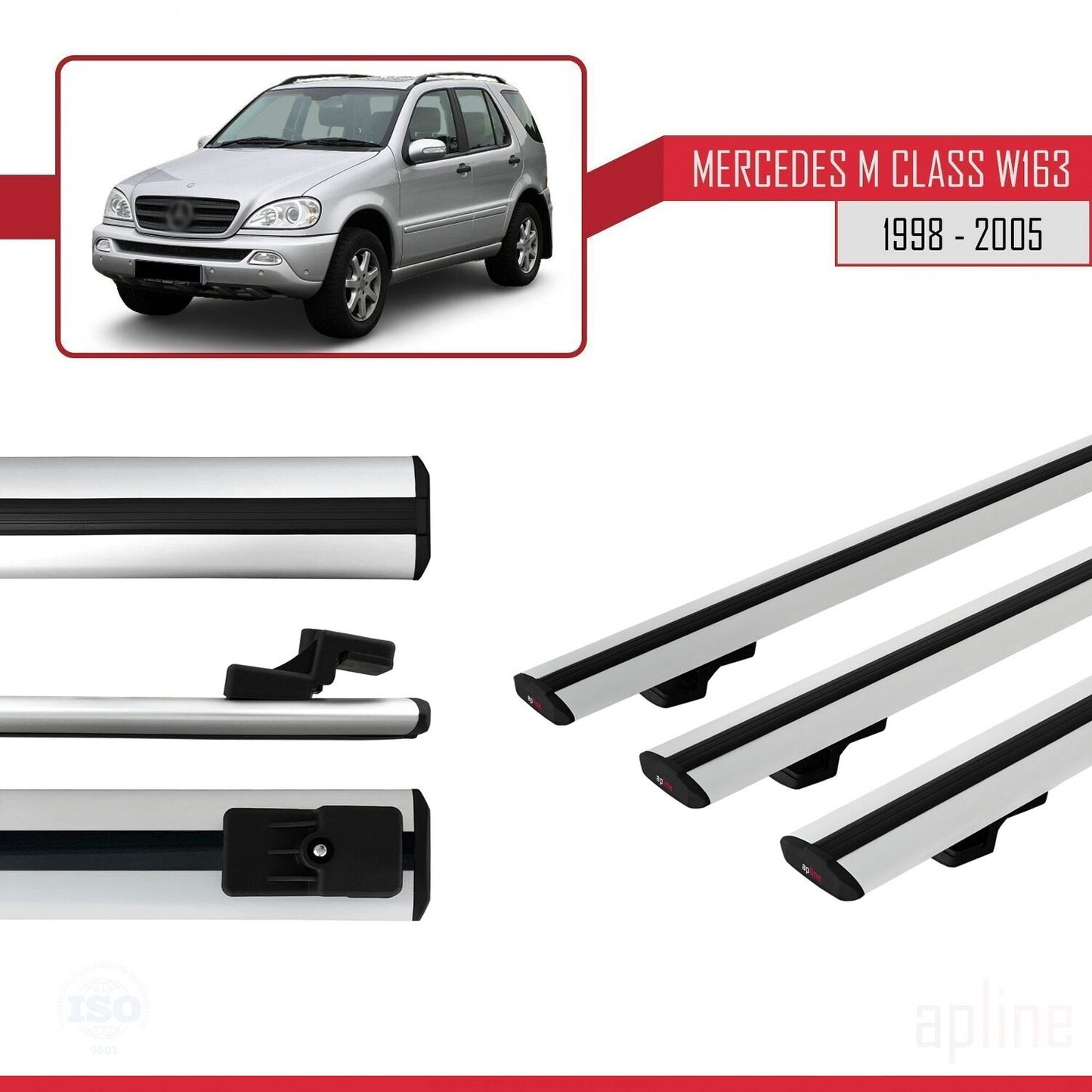 Compatible avec Mercedes Classe M (W163) 1998-2005 BASIC Model Barres de Toit Railing Porte-Bagages de Voiture Gris Aluminium 3 Barres