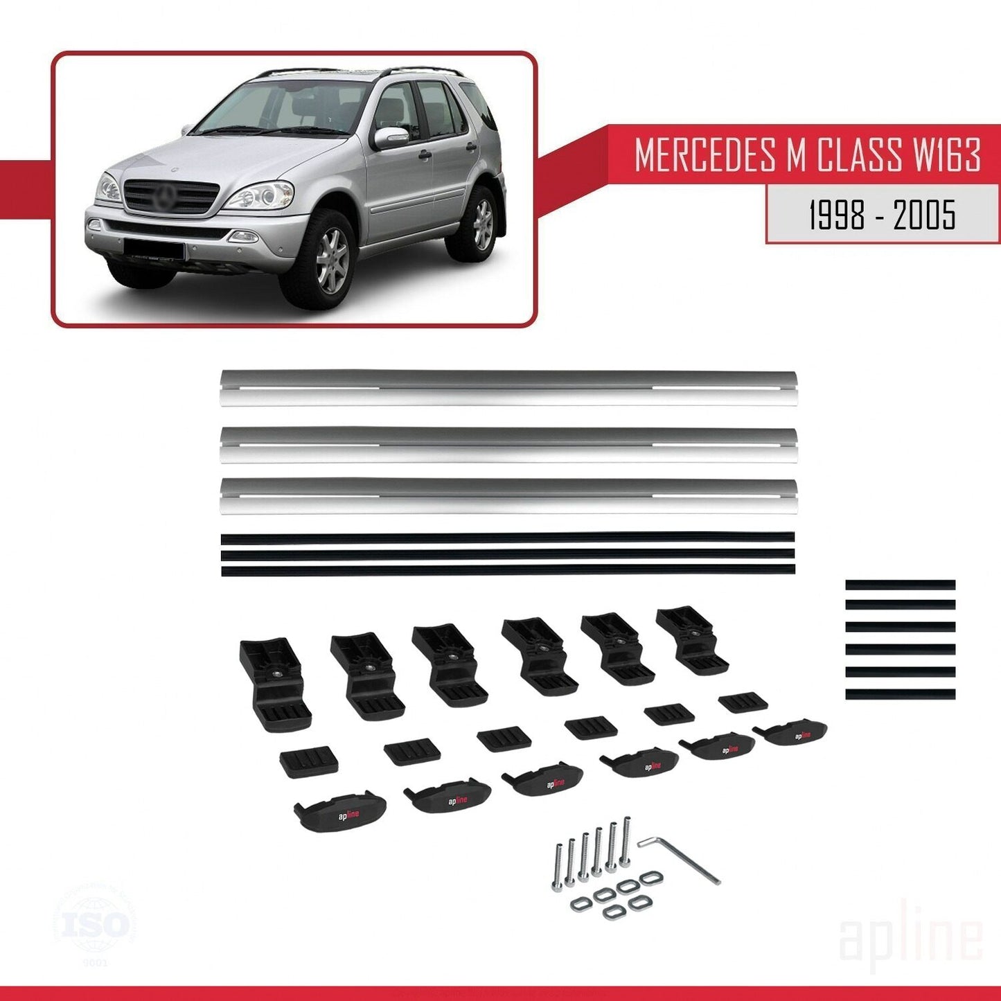 Compatible avec Mercedes Classe M (W163) 1998-2005 BASIC Model Barres de Toit Railing Porte-Bagages de Voiture Gris Aluminium 3 Barres