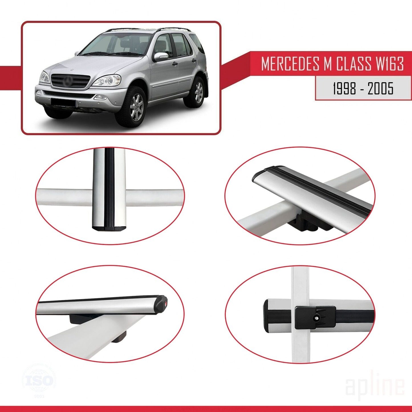 Compatible with Mercedes M Class (W163) 1998-2005 BASIC Model Car Roof Rack Cross Bar Grey Aluminium 2 Bars
