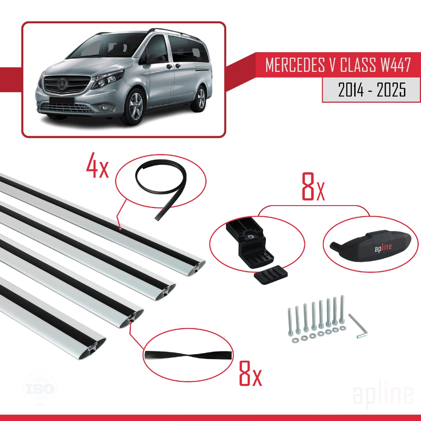 Compatible with Mercedes V Class 3 (W447) 2014-2025 BASIC Model Car Roof Rack Cross Bar Grey Aluminium 4 Bars