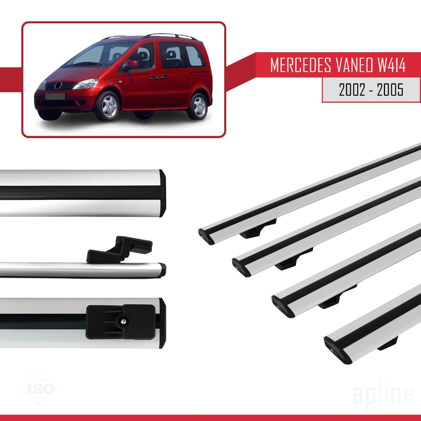 Compatible with Mercedes Vaneo (W414) 2002-2005 BASIC Model Car Roof Rack Cross Bar Grey Aluminium 4 Bars