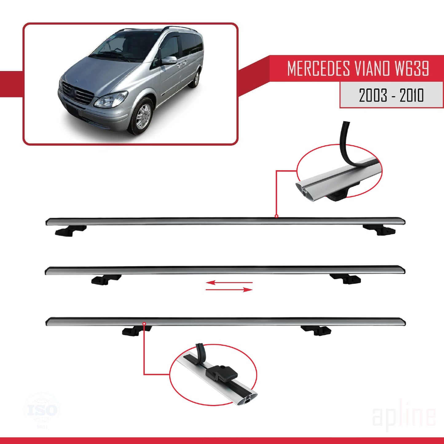Compatible avec Mercedes Viano 2 (W639) Pre-Facelift 2003-2010 BASIC Model Barres de Toit Railing Porte-Bagages de Voiture Gris Aluminium 4 Barres