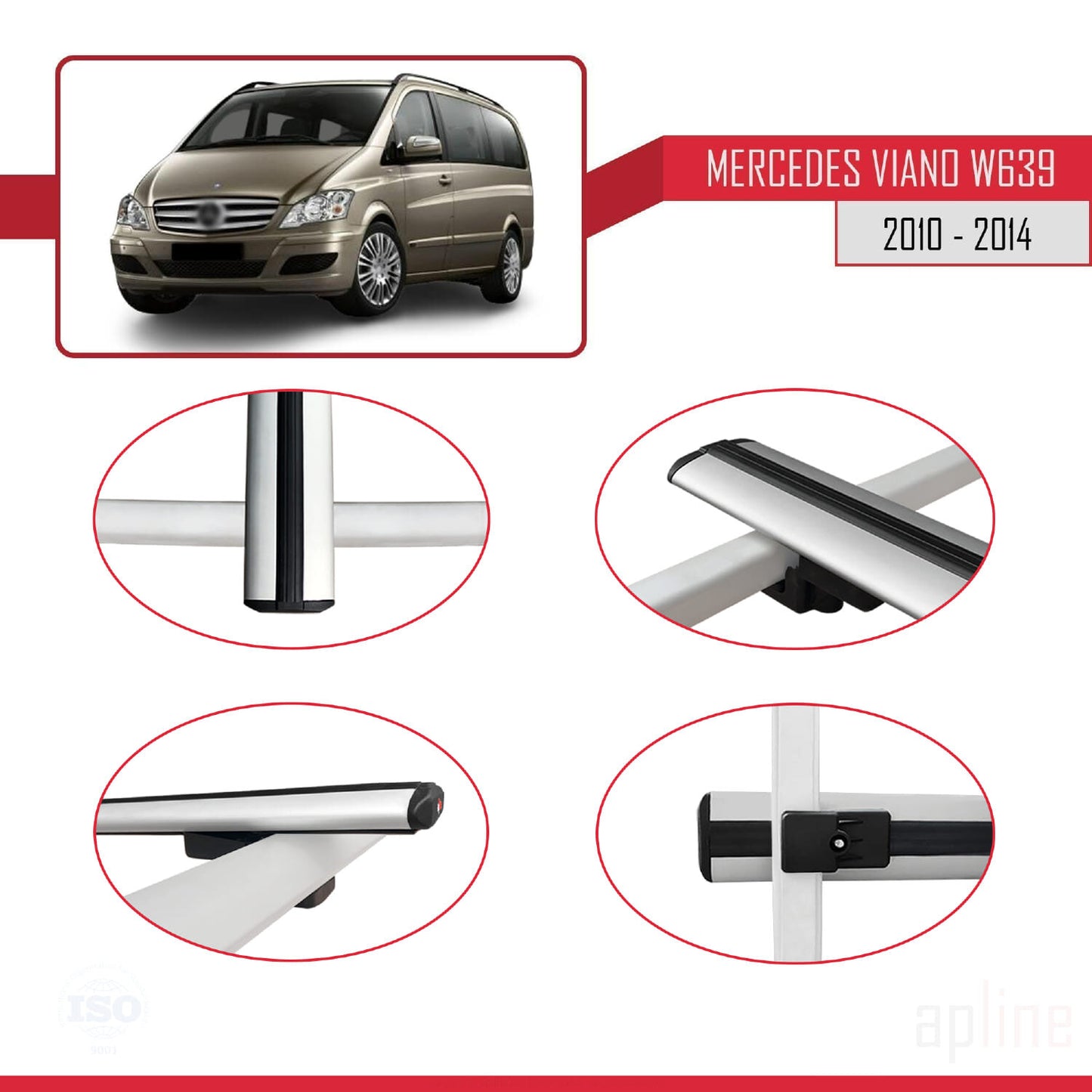 Compatible avec Mercedes Viano 2 (W639) Post-Facelift 2010-2014 BASIC Model Barres de Toit Railing Porte-Bagages de Voiture Gris Aluminium 4 Barres