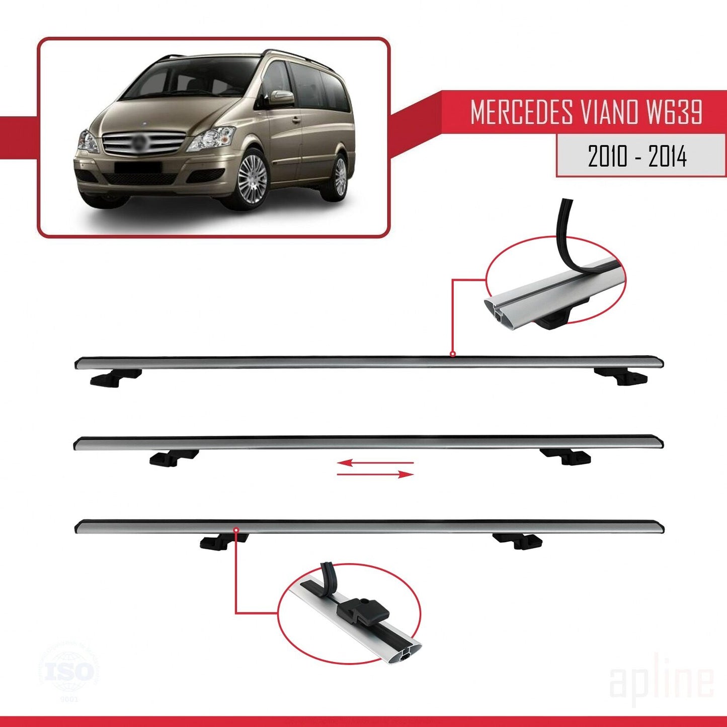 Compatible avec Mercedes Viano 2 (W639) Post-Facelift 2010-2014 BASIC Model Barres de Toit Railing Porte-Bagages de Voiture Gris Aluminium 2 Barres