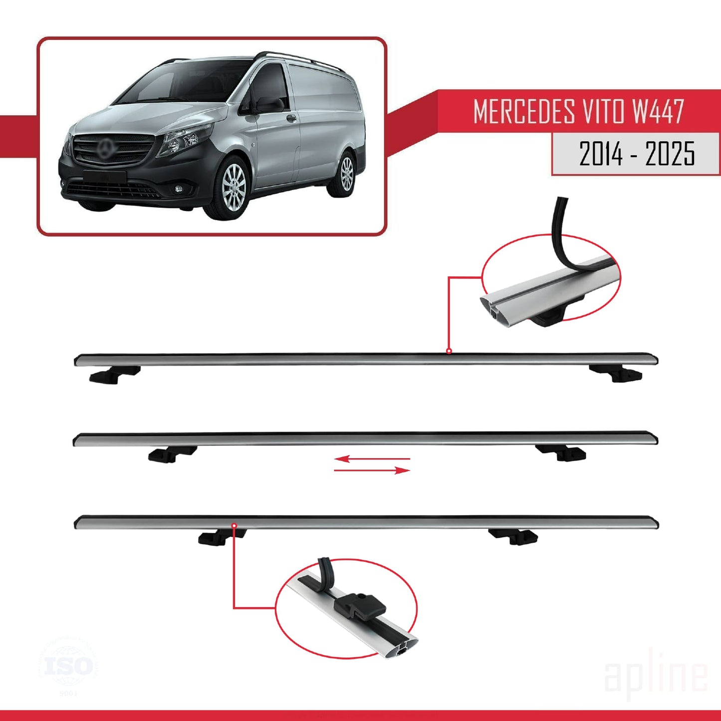 Compatible avec Mercedes Vito 3 (W447) 2014-2025 BASIC Model Barres de Toit Railing Porte-Bagages de Voiture Gris Aluminium 2 Barres