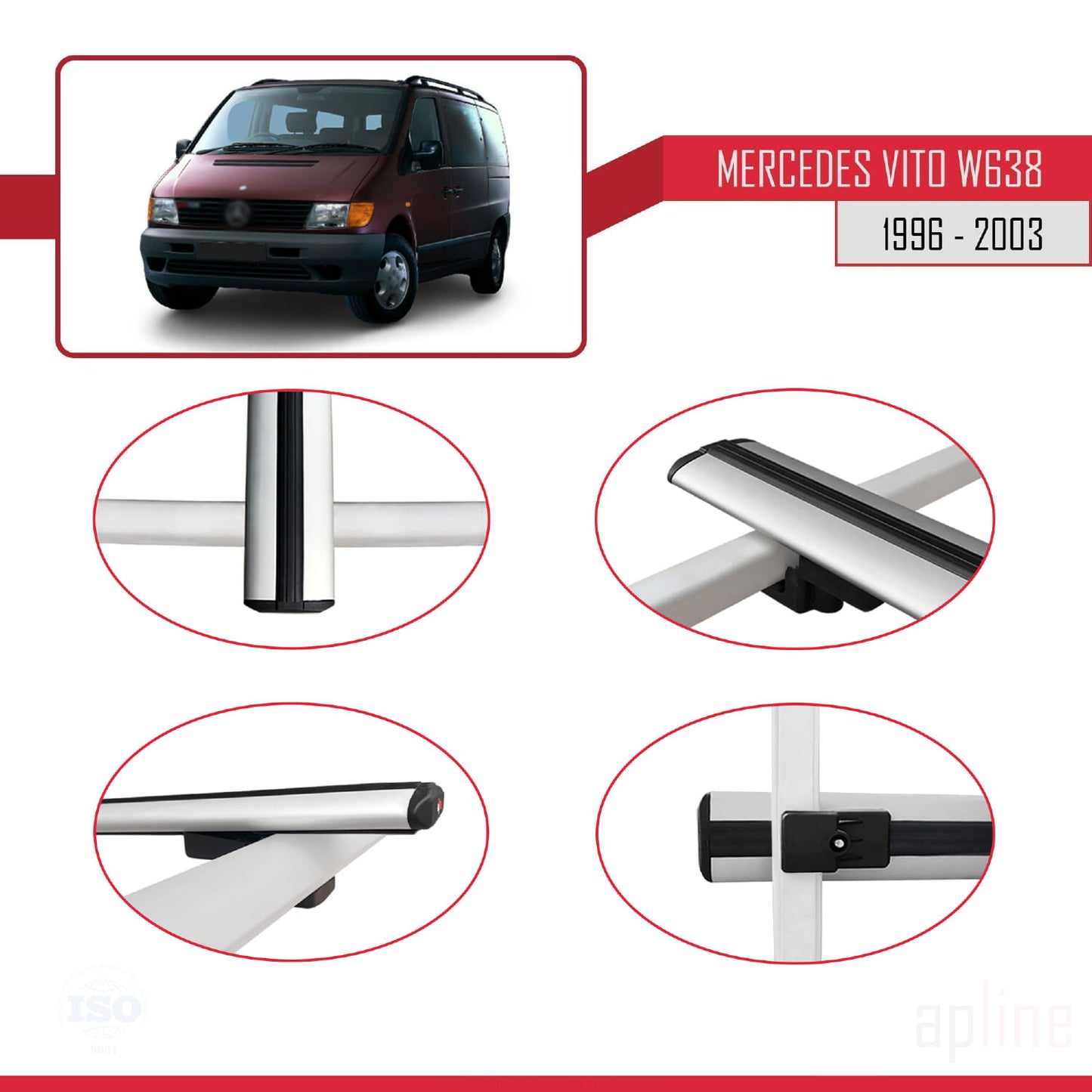 Compatible avec Mercedes Vito (W638) 1996-2003 BASIC Model Barres de Toit Railing Porte-Bagages de Voiture Gris Aluminium 4 Barres