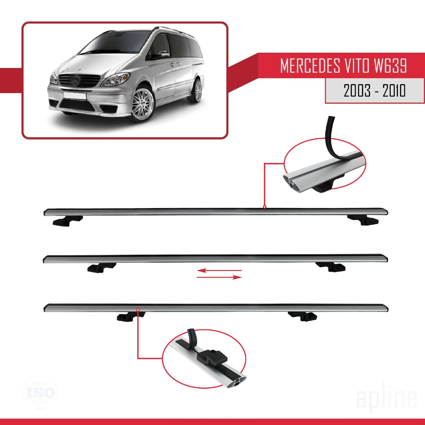Compatible avec Mercedes Vito 2 (W639) Pre-Facelift 2003-2010 BASIC Model Barres de Toit Railing Porte-Bagages de Voiture Gris Aluminium 4 Barres
