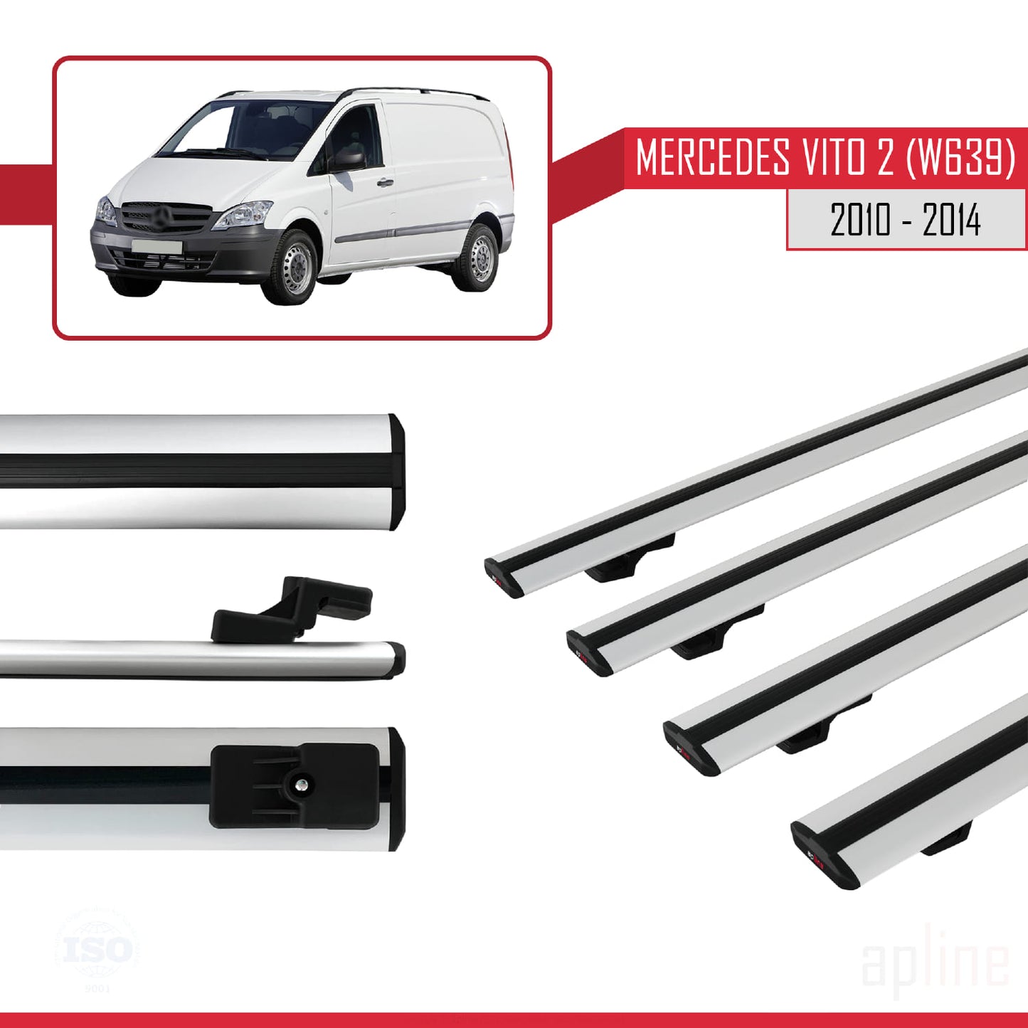 Compatible avec Mercedes Vito 2 (W639) Post-Facelift 2010-2014 BASIC Model Barres de Toit Railing Porte-Bagages de Voiture Gris Aluminium 4 Barres