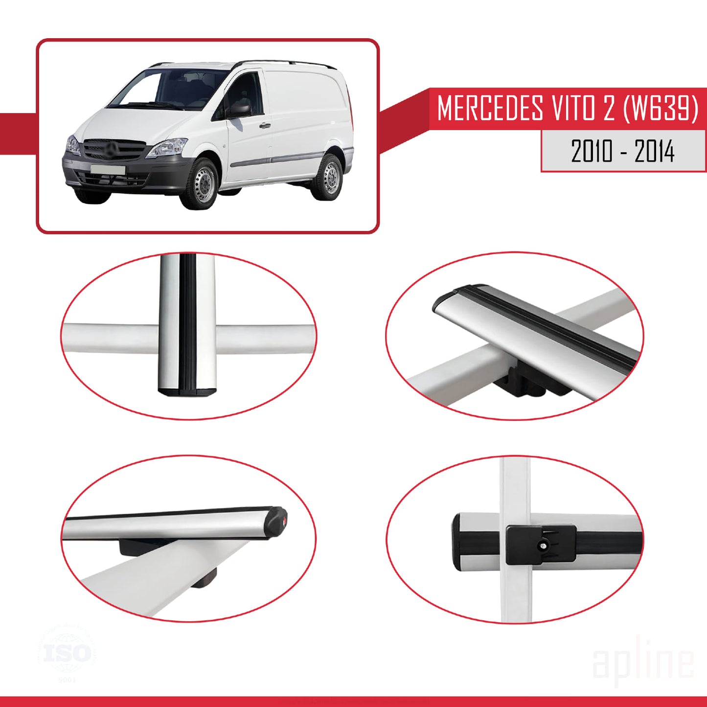 Compatible avec Mercedes Vito 2 (W639) Post-Facelift 2010-2014 BASIC Model Barres de Toit Railing Porte-Bagages de Voiture Gris Aluminium 4 Barres