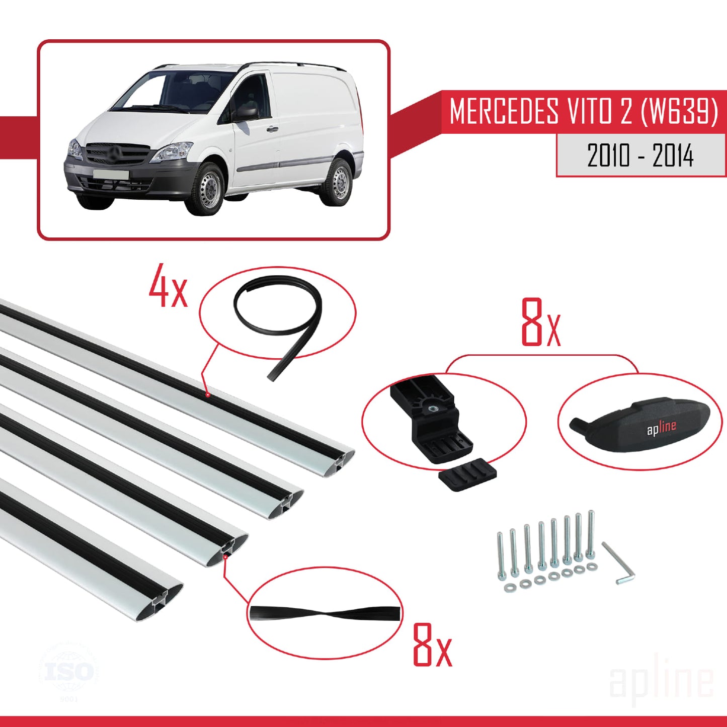 Compatible avec Mercedes Vito 2 (W639) Post-Facelift 2010-2014 BASIC Model Barres de Toit Railing Porte-Bagages de Voiture Gris Aluminium 4 Barres
