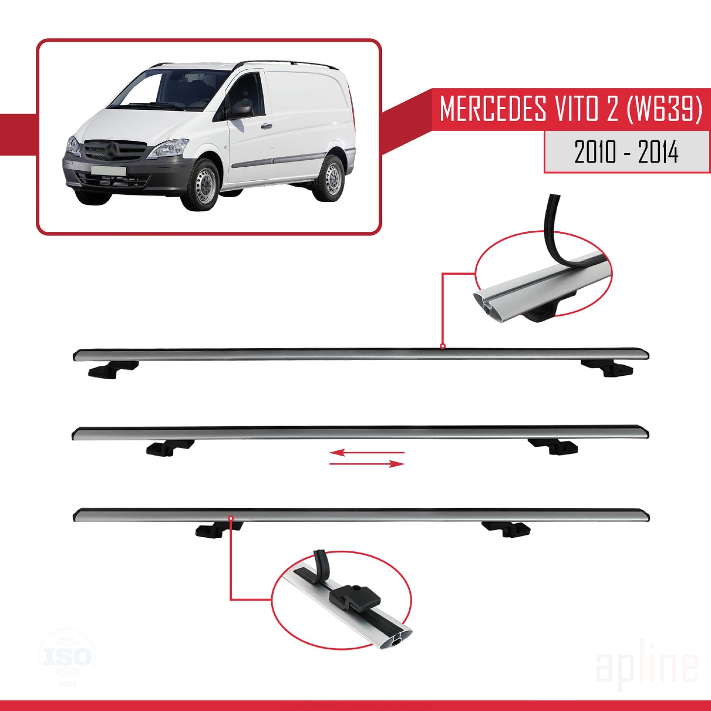 Compatible with Mercedes Vito 2 (W639) Post-Facelift 2010-2014 BASIC Model Car Roof Rack Cross Bar Grey Aluminium 2 Bars