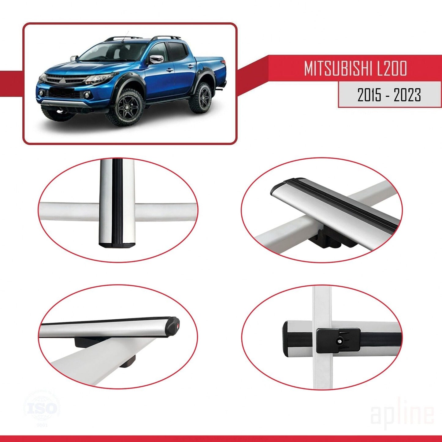 Compatible avec Mitsubishi L200 V 2015-2023 BASIC Model Barres de Toit Railing Porte-Bagages de Voiture Gris Aluminium 3 Barres