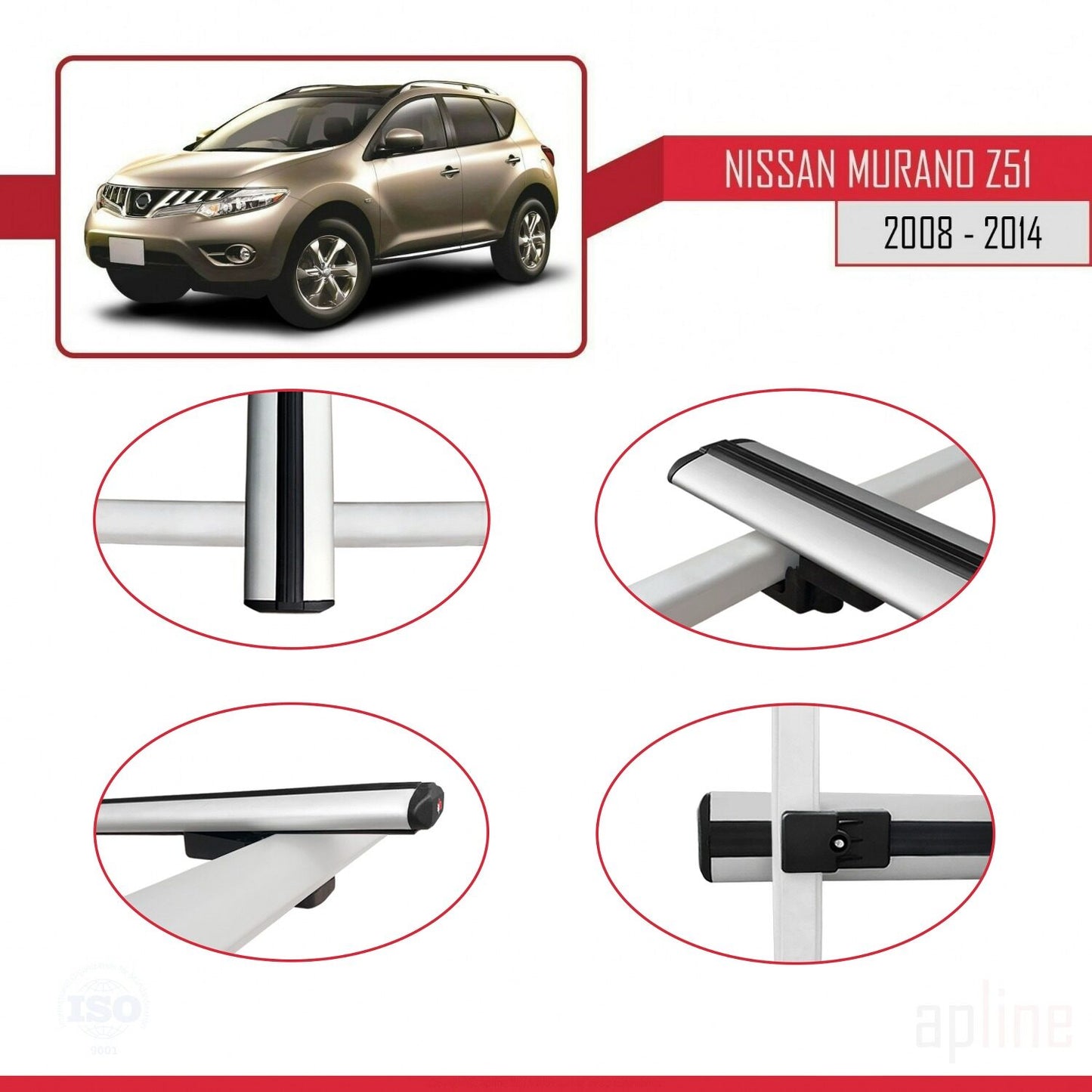 Compatible with Nissan Murano 2 (Z51) 2008-2014 BASIC Model Car Roof Rack Cross Bar Grey Aluminium 3 Bars