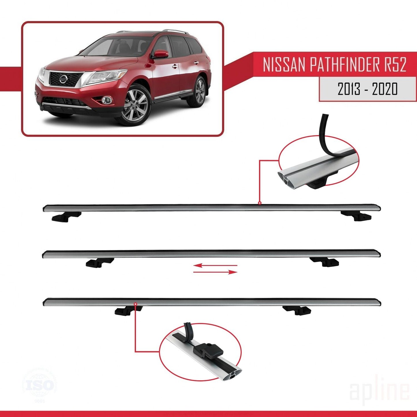 Compatible avec Nissan Pathfinder 4 (R52) 2013-2020 BASIC Model Barres de Toit Railing Porte-Bagages de Voiture Gris Aluminium 3 Barres