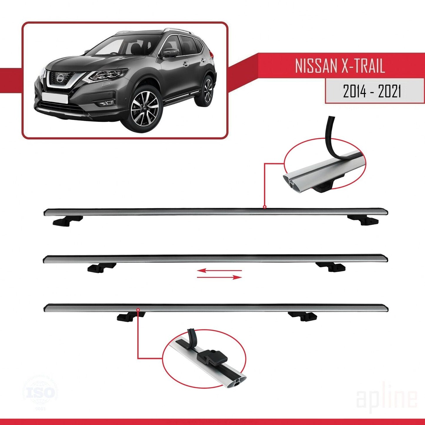 Compatible avec Nissan X-Trail 3 (T32) 2014-2021 BASIC Model Barres de Toit Railing Porte-Bagages de Voiture Gris Aluminium 2 Barres
