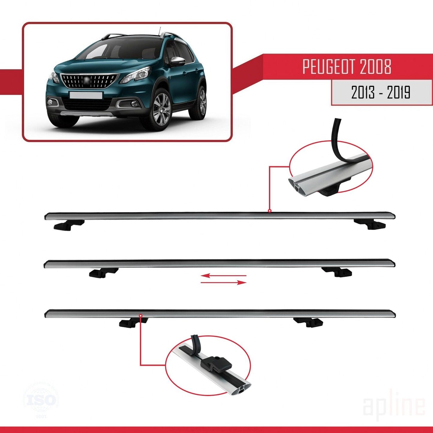 Compatible avec Peugeot 2008 (A94) 2013-2019 BASIC Model Barres de Toit Railing Porte-Bagages de Voiture Gris Aluminium 3 Barres