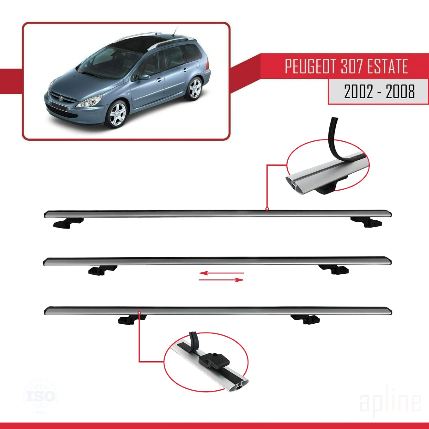 Compatible avec Peugeot 307 Break 2002-2008 BASIC Model Barres de Toit Railing Porte-Bagages de Voiture Gris Aluminium 2 Barres