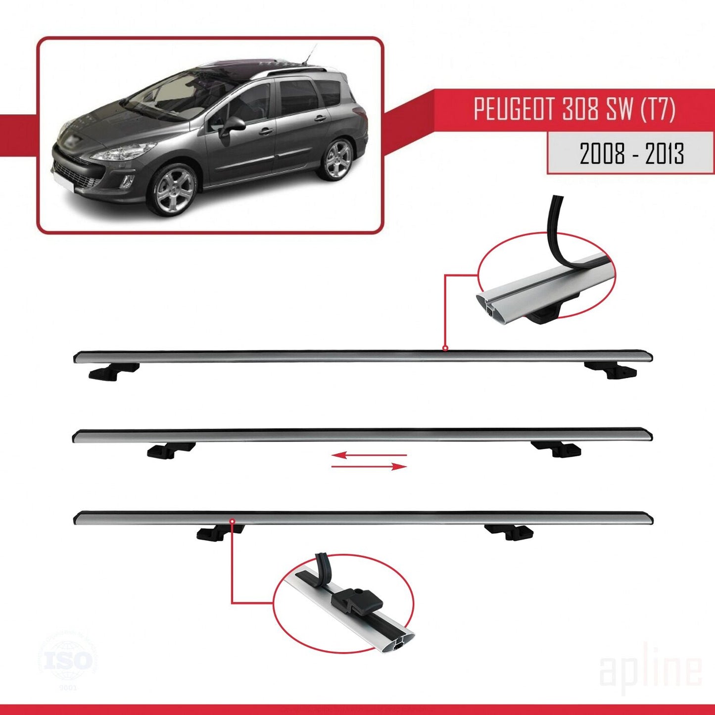 Compatible avec Peugeot 308 (T7) Break 2008-2013 BASIC Model Barres de Toit Railing Porte-Bagages de Voiture Gris Aluminium 3 Barres
