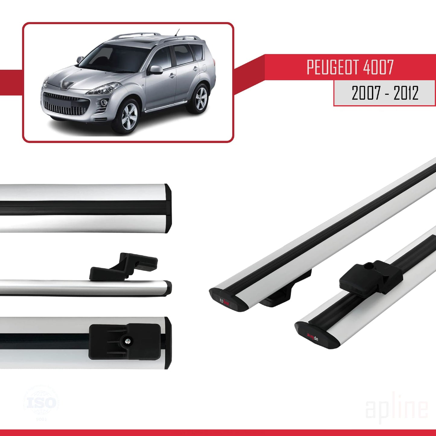 Compatible with Peugeot 4007 2007-2012 BASIC Model Car Roof Rack Cross Bar Grey Aluminium 2 Bars