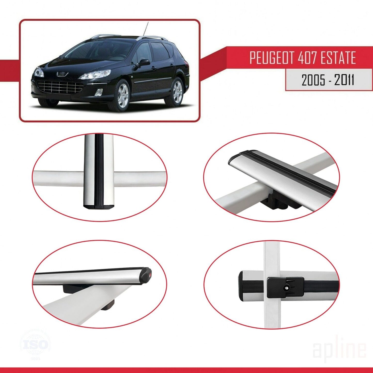 Compatible with Peugeot 407 SW 2005-2011 BASIC Model Car Roof Rack Cross Bar Grey Aluminium 2 Bars