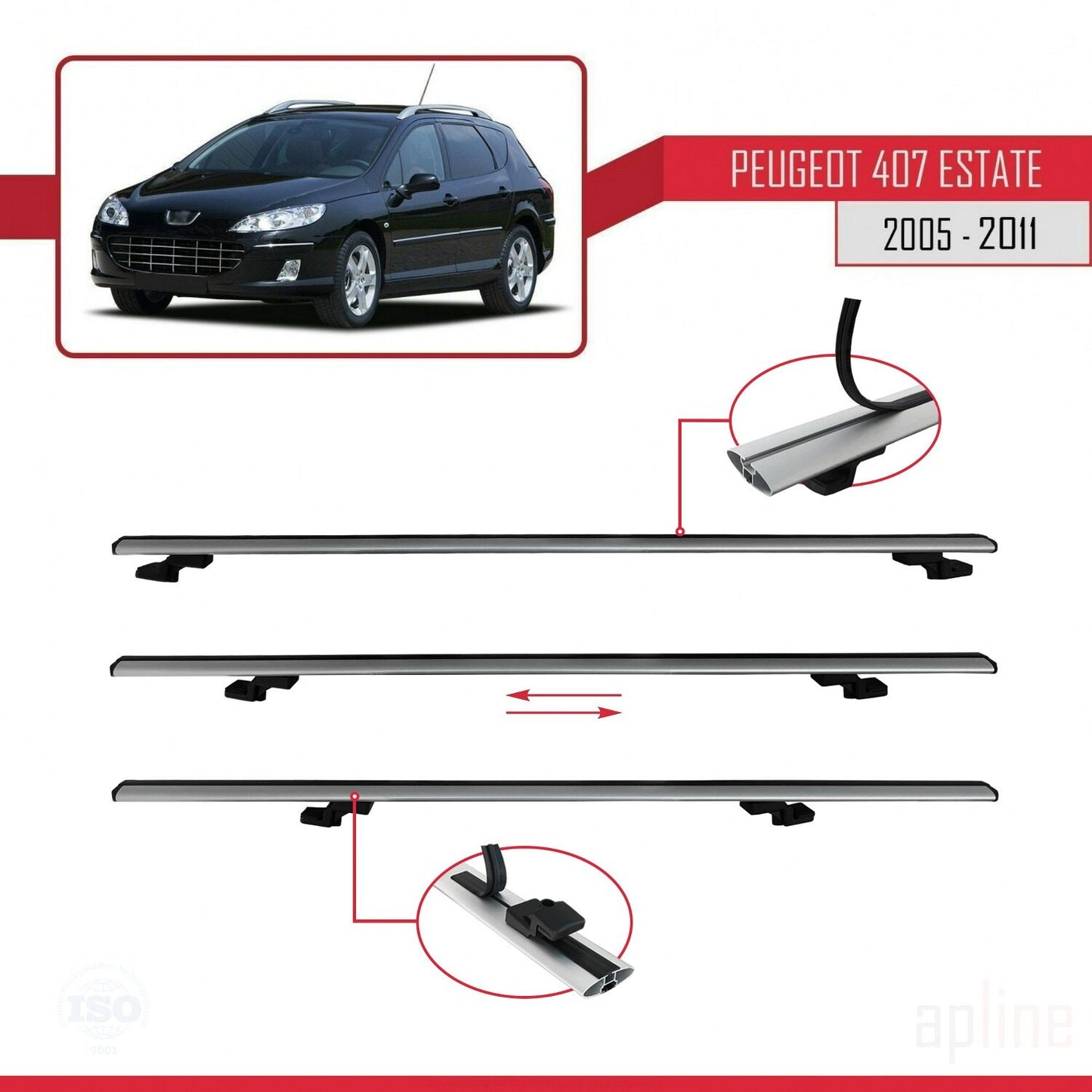 Compatible with Peugeot 407 SW 2005-2011 BASIC Model Car Roof Rack Cross Bar Grey Aluminium 2 Bars