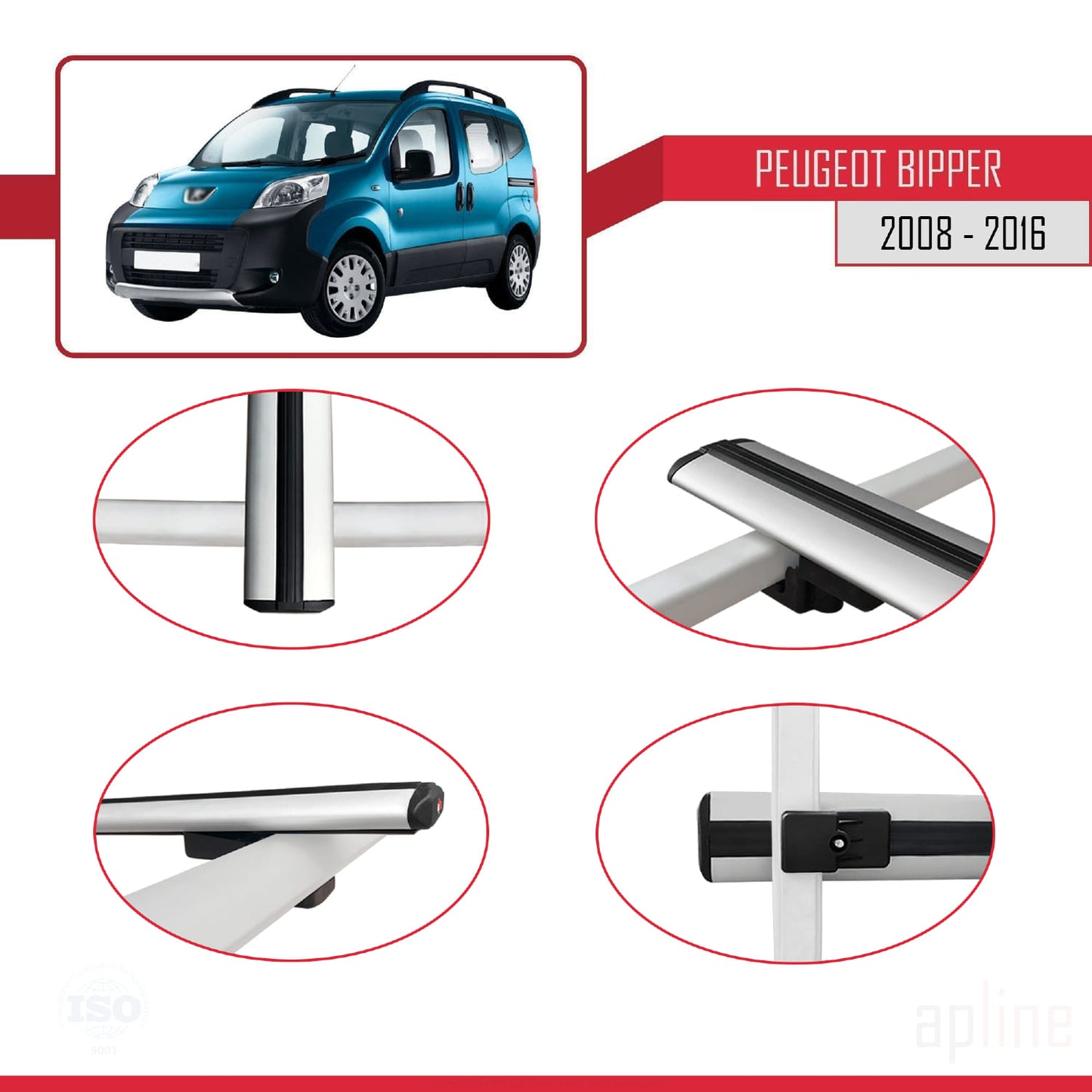 Compatible with Peugeot Bipper 2008-2017 BASIC Model Car Roof Rack Cross Bar Grey Aluminium 4 Bars