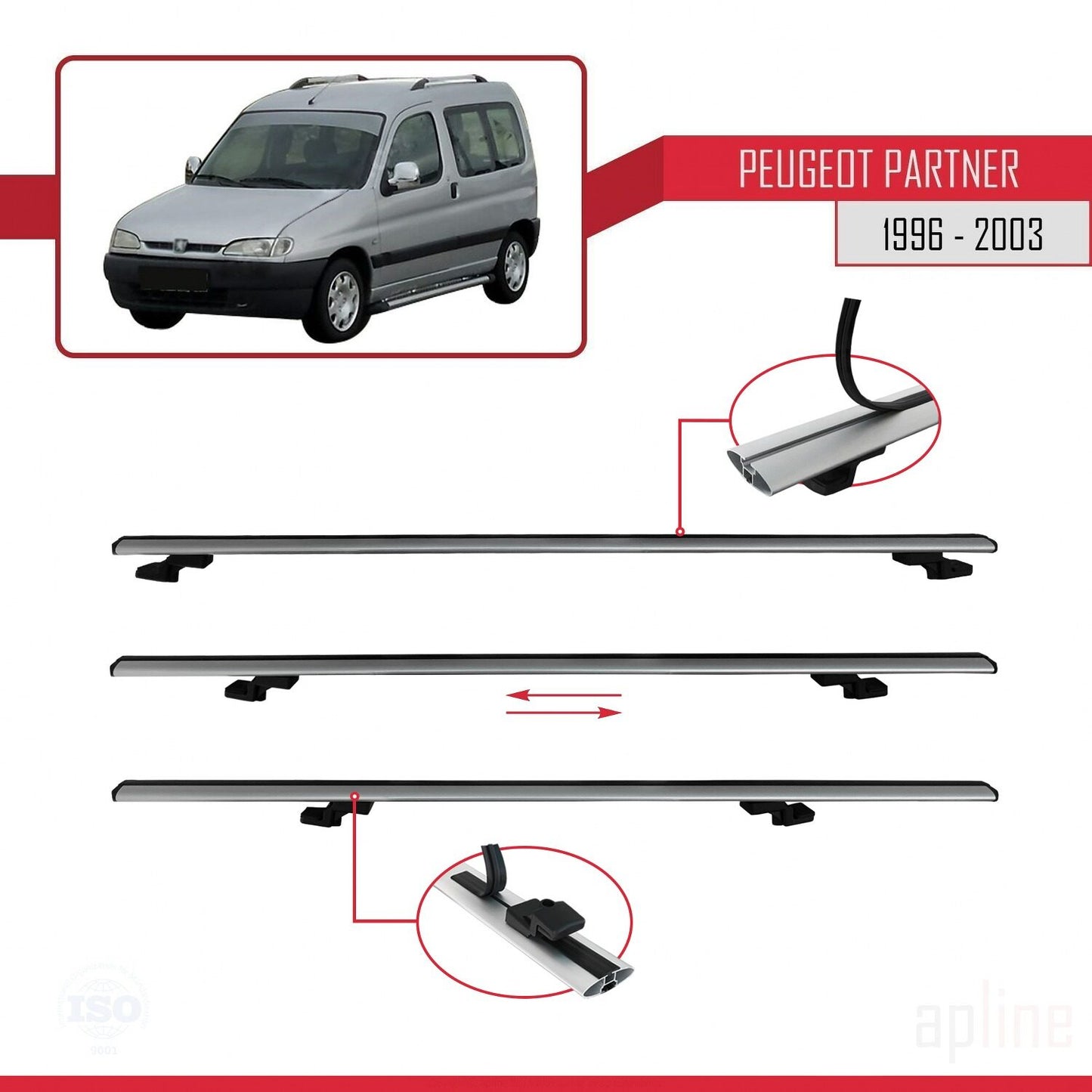 Compatible with Peugeot Partner Pre-Facelift 1996-2003 BASIC Model Car Roof Rack Cross Bar Grey Aluminium 2 Bars