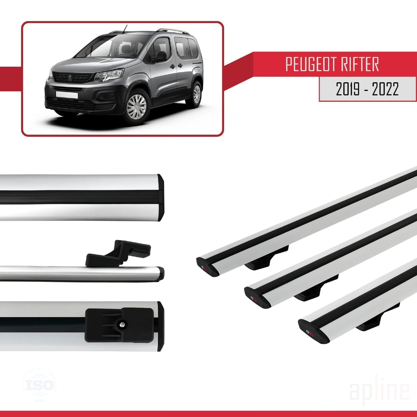 Compatible avec Peugeot Rifter 2019-2022 BASIC Model Barres de Toit Railing Porte-Bagages de Voiture Gris Aluminium 3 Barres