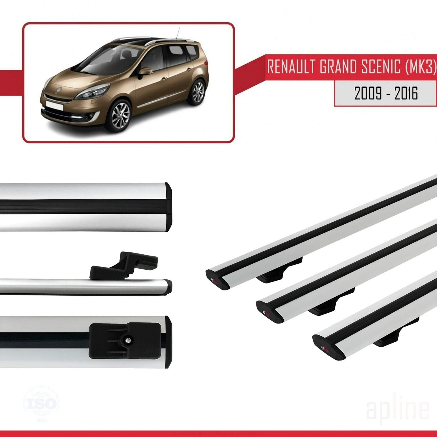 Compatible avec Renault Grand Scenic 3 2009-2016 BASIC Model Barres de Toit Railing Porte-Bagages de Voiture Gris Aluminium 3 Barres