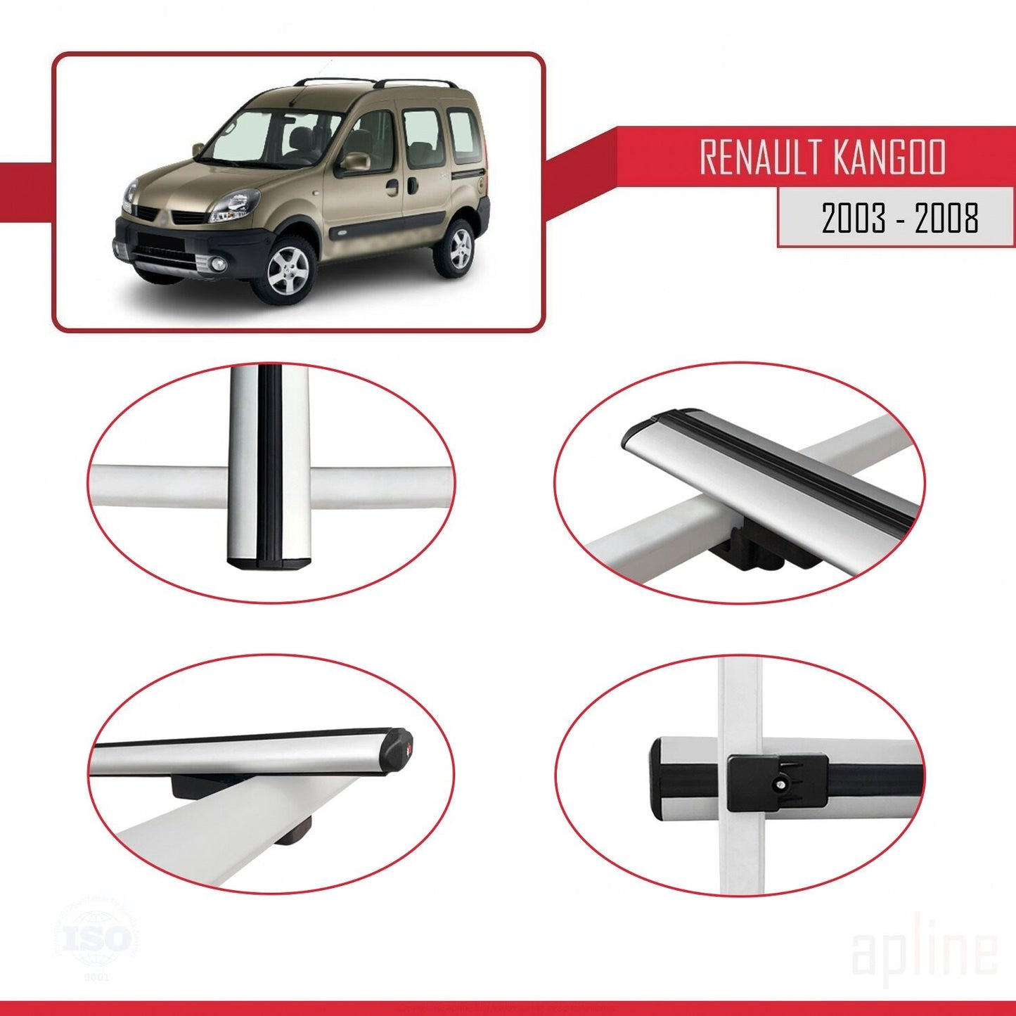 Compatible avec Renault Kangoo (X76) Post-Facelift 2003-2008 BASIC Model Barres de Toit Railing Porte-Bagages de Voiture Gris Aluminium 2 Barres