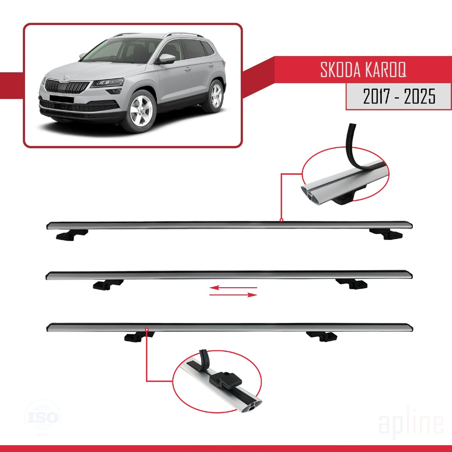 Compatible avec Skoda Karoq 2017-2025 BASIC Model Barres de Toit Railing Porte-Bagages de Voiture Gris Aluminium 3 Barres