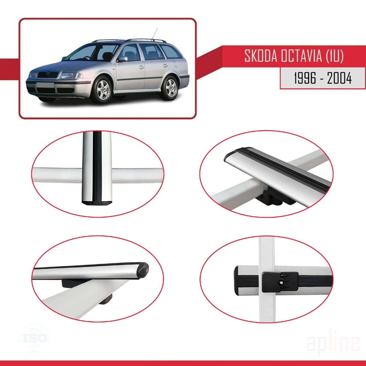Compatible with Skoda Octavia (1U) 1996-2004 BASIC Model Car Roof Rack Cross Bar Grey Aluminium 3 Bars